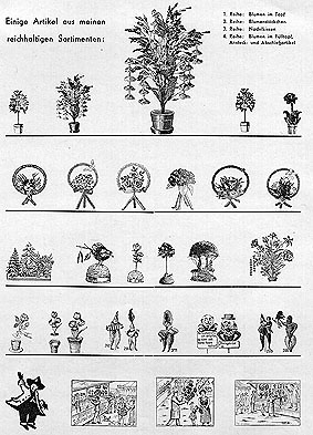 Historisches Musterblatt mit Strichzeichnungen verschiedener Blumen- und Dekorationsartikel